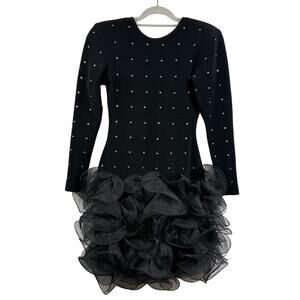 Vintage 90s Lillie Rubin Black Rhinestones Ruffled Cocktail Dress Small Bodycon